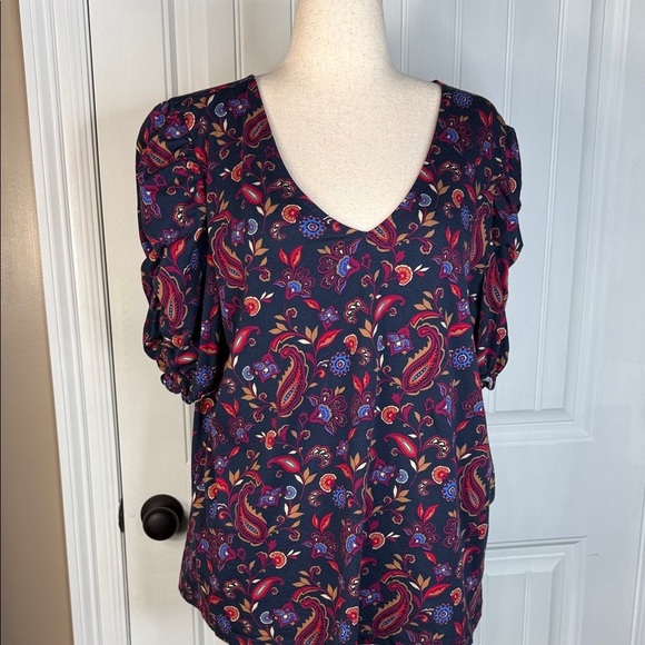 LOFT Paisley Ruffle Cinched Sleeve V-Neck Top SZ XXL - Picture 3 of 12